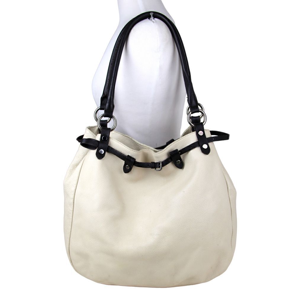 Maurizio Taiuti BEIGE GENUINE LEATHER BLACK TRIM SHOULDER BAG HOBO HANDBAG PURSE